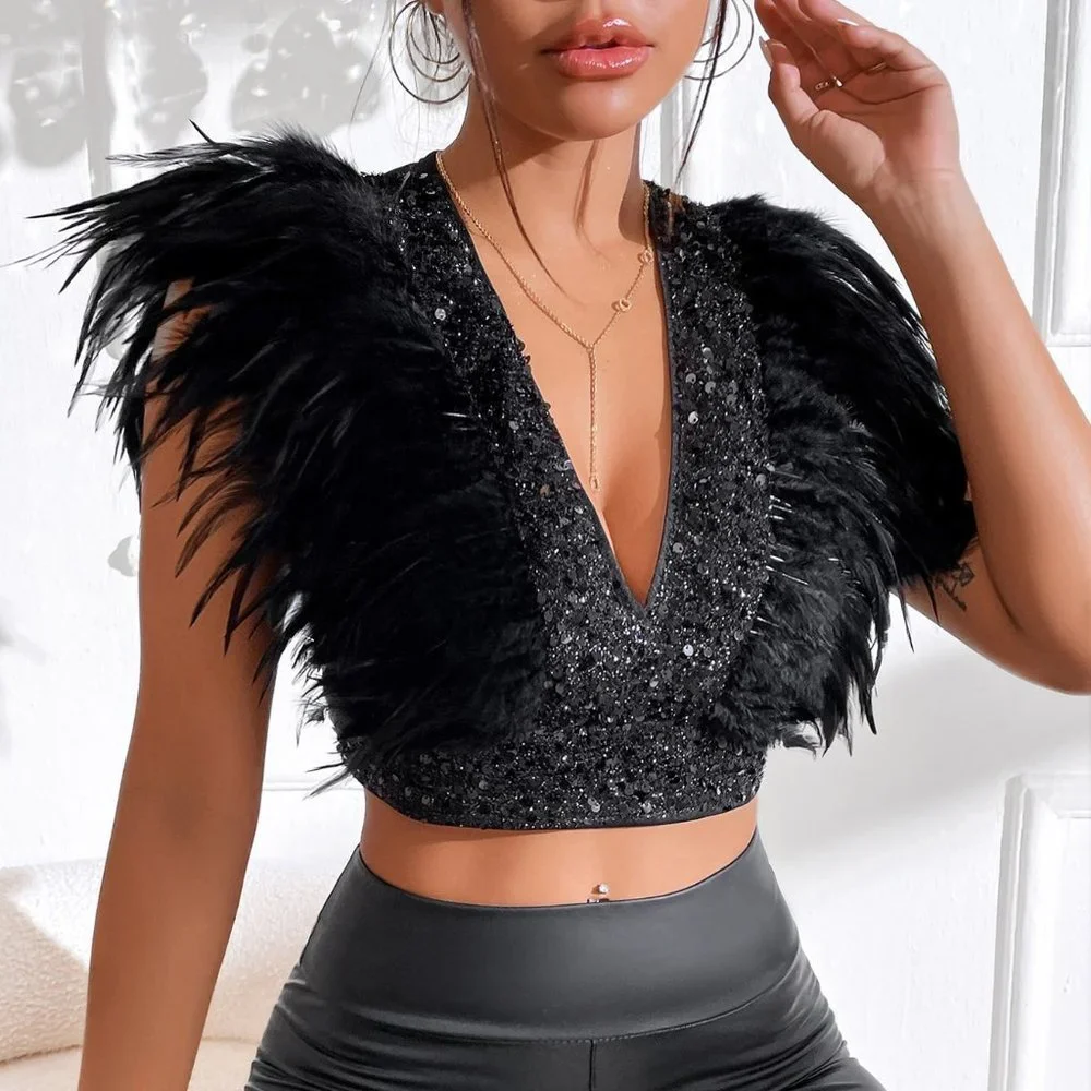 Black Party Womens Fuzzy Trim Zipper Back Crop Top - Picture 3 of 5